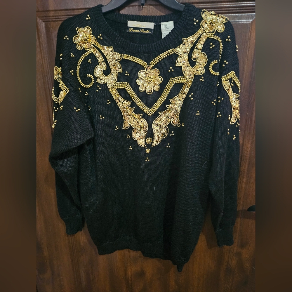 Dana Scott Black Sweater with Gold Embellishments- Medium